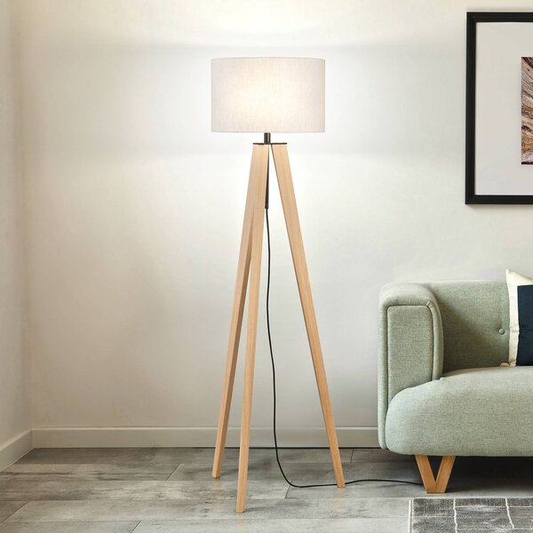 FISCHER & HONSEL Stojacia lampa SHINE-WOOD, piesková/čierna/dubová Výška 164 cm 3 x E27, Krémová / jantárovo žltá, Obývacia izba / jedáleň, Textil / látka / hodváb, Stojaca lampa