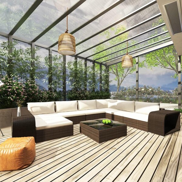 Maison Exclusive – 10-dielna záhradná súprava s vankúšmi z polyrotangu v hnedej farbe