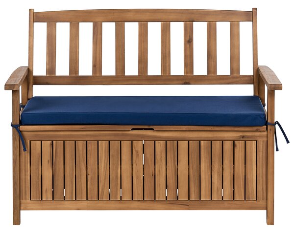 Záhradná lavička s úložným priestorom svetlé akáciové drevo 120 cm 2-miestna modrý podsedák rustikálny štýl exteriér