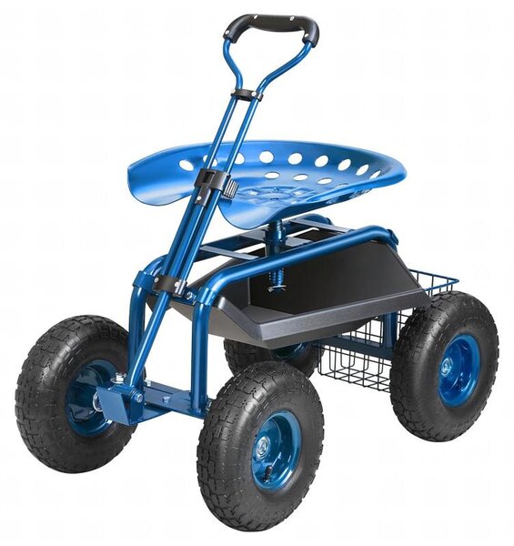 RealG RC-K-2338 Zahradní vozík se sedátkem a košíkem na nářadí, otočný 360°, modrý