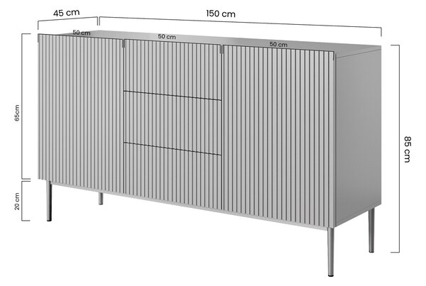 Komoda Nicole 150 cm so zásuvkami a ryhovaným čelom - kasmír / zlaté nožičky