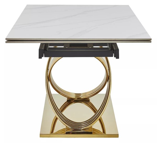 Signal Jedálenský rozkladací stôl Hermes II, 160-240cm, biely lesk, mramorový efekt / zlatá