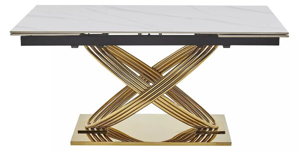 Signal Jedálenský rozkladací stôl Hermes II, 160-240cm, biely lesk, mramorový efekt / zlatá