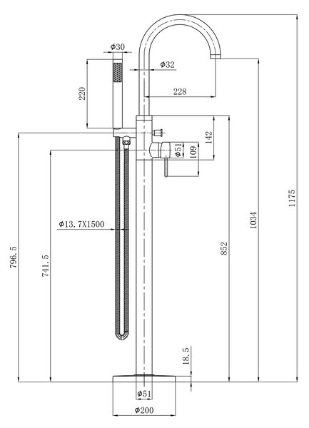 Aqualine Sapho, CETO vaňová batéria s pripojením do podlahy, 1175 mm, čierna matná, BV357B