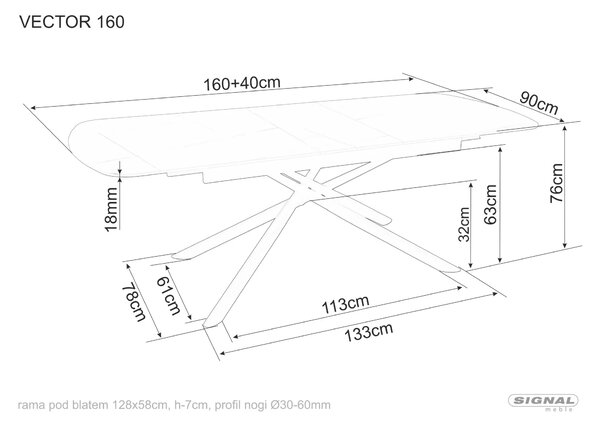 Signal Jedálenský rozkladací stôl Vector, 160-200cm, matná čierna/matná čierna