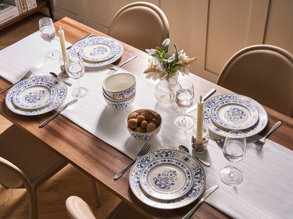 24-dielna sada jedálenského riadu biela modrá porcelán s abstraktným vzorom glazúrovaný povrch servis pre 8 osôb kuchyňa jedáleň