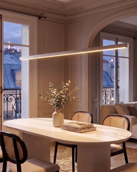 LED závesná lampa strieborná kovová lineárna 180 cm industriálny moderný štýl kuchyňa jedáleň