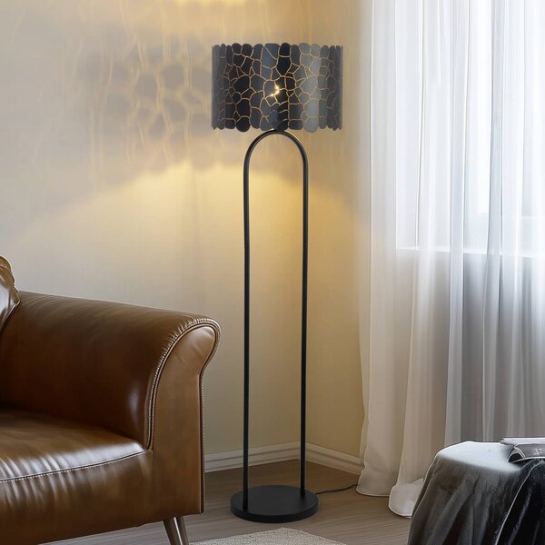 Stojacia lampa Lindby Aralena, čierna/zlatá, výška 143,5 cm, Čierna, Obývacia izba / jedáleň, kov, Moderný, Stojaca lampa
