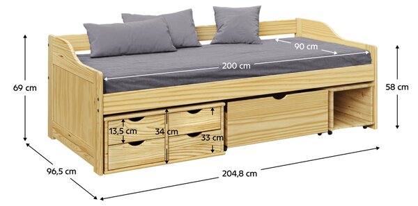 KONDELA Posteľ s úložným priestorom, prírodná, masív, 90x200, MAXI NEW