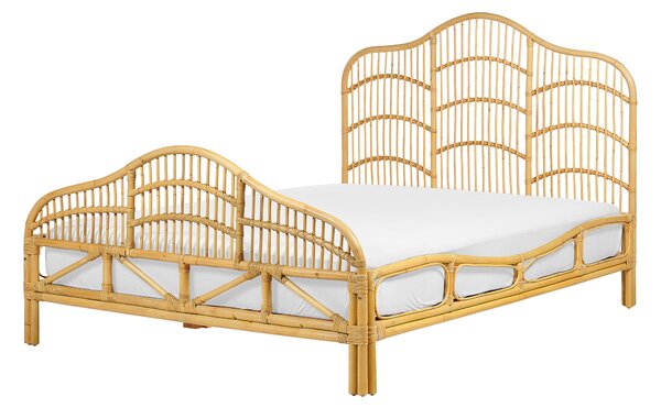 Panelová posteľ svetlé drevo ratan mahagónové drevo dvojlôžko 140 x 200 cm lamelový rám pletené ozdobné čelo moderný boho štýl