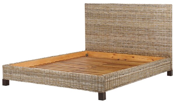 Posteľ prírodná ratan mahagónové drevo 160 x 200 cm lamelový rošt pletené ozdobné čelo boho moderný štýl spálňa