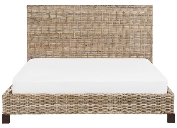 Posteľ prírodná ratan mahagónové drevo 180 x 200 cm lamelový rošt pletené ozdobné čelo boho moderný štýl spálňa