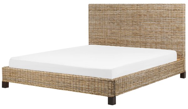 Posteľ prírodná ratan mahagónové drevo 180 x 200 cm lamelový rošt pletené ozdobné čelo boho moderný štýl spálňa