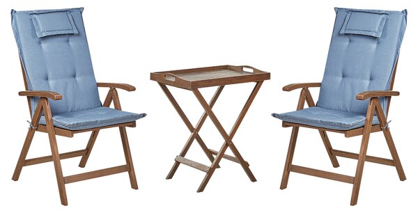 Záhradná bistro sada tmavé akáciové drevo s modrými vankúšmi stôl 2 stoličky nastaviteľné operadlo skladacie rustikálny štýl