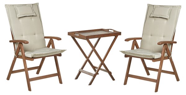 Záhradná bistro sada tmavé akáciové drevo so sivobéžovými vankúšmi stôl 2 stoličky nastaviteľné operadlo skladacie rustikálny štýl
