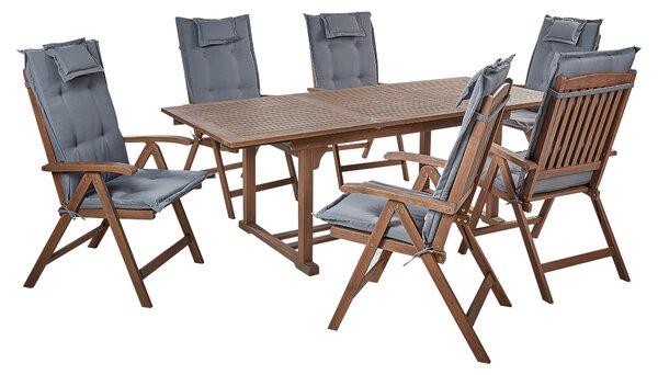 Vonkajšia jedálenská sada tmavé akáciové drevo rozkladací stôl 6 skladacích stoličiek s nastaviteľným operadlom rustikálny štýl