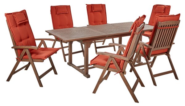 Vonkajšia jedálenská sada tmavé akáciové drevo rozkladací stôl 6 skladacích stoličiek s nastaviteľným operadlom rustikálny štýl