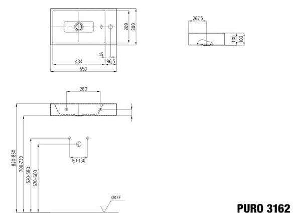 Kaldewei Puro - Umývadielko na stenu 550x300 mm bez prepadu, 1 otvor pre batériu na pravej strane, Perl-Effekt, alpská biela 901206303001