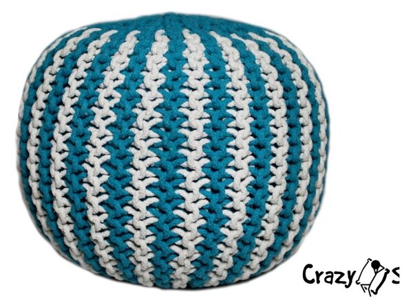 Pletený puf CRAZYSHOP TWIN, tyrkysovo-biela (ručne pletený)