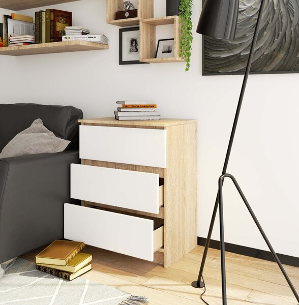 Ak furniture Komoda Kuba 60 cm - 3 zásuvky dub sonoma/biela