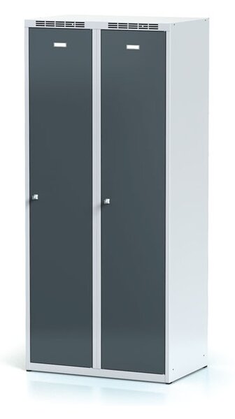 Znížená kovová šatníková skrinka, 2-dverová, 1500 x 600 x 500 mm, cylindrický zámok, tmavosivé dvere