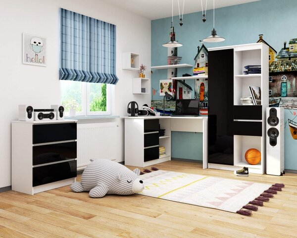 Ak furniture Rohový písací stôl B16 124 cm biely/čierny lesk ľavý