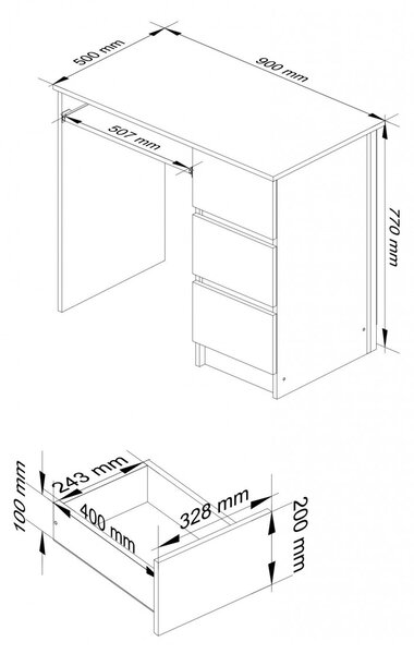 Ak furniture Písací stôl A-6 90 cm biely/dub sonoma pravý