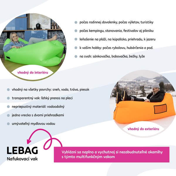 KONDELA Nafukovací sedací vak/lazy bag, ružová, LEBAG