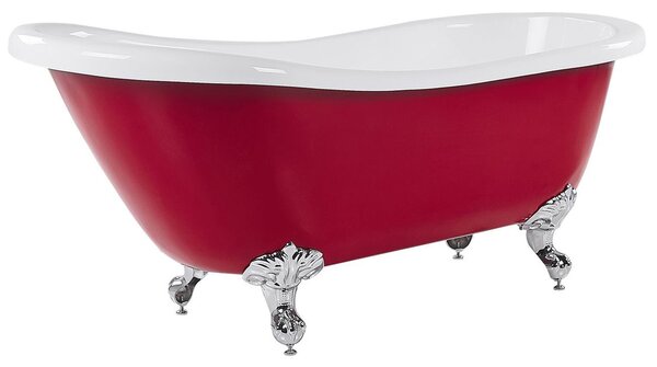 Vaňa červená sanitárny akrylát 153 x 77 cm voľne stojaca oválna strieborné nohy klasický retro dizajn