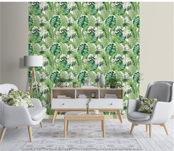 Vliesové tapety na stenu M37814, rozměr 10,05 m x 0,53 m, tropical listy na bielom podklade, Ugépa
