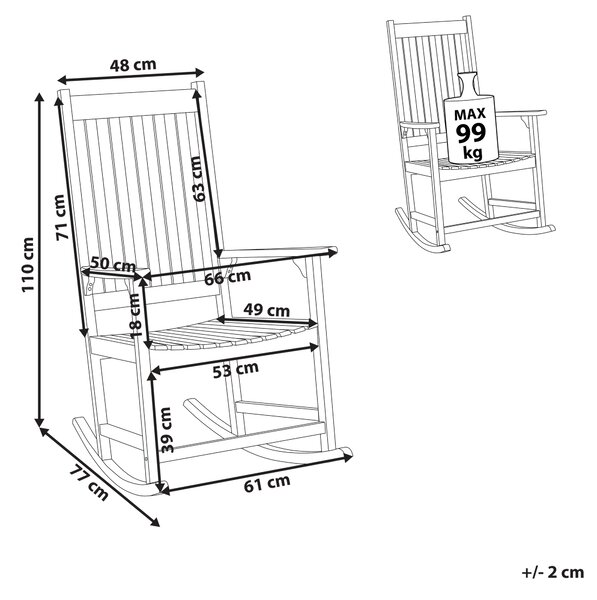 Hojdacie kreslo svetlé akáciové drevo 66 x 77 x 110 cm do interiéru a exteriéru záhrada terasa balkón rustikálny dizajn