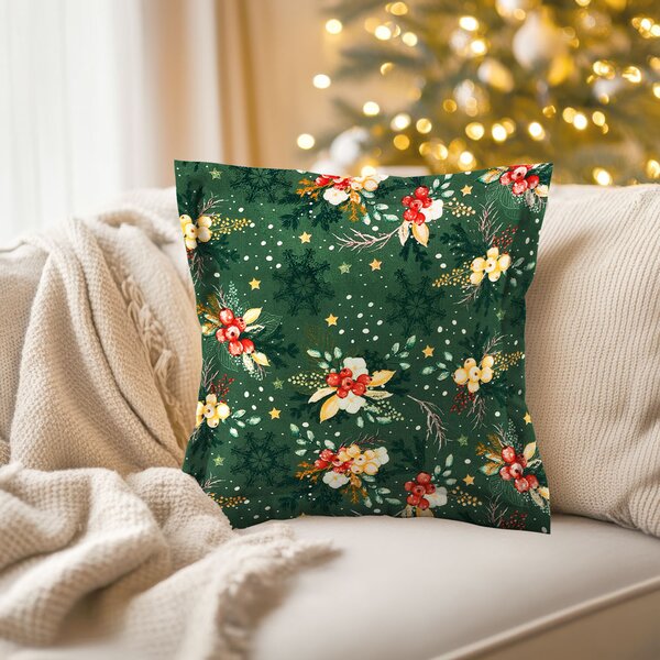 Biante Bavlnená obliečka na vankúš s lemom Sandra SA-713 Vianočné cezmíny na zelenom 30 x 50 cm