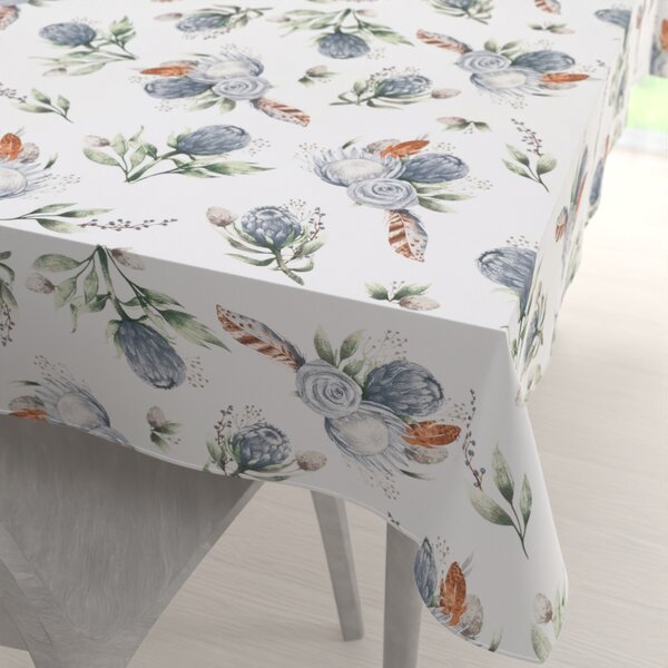 Biante Bavlnený obdĺžnikový obrus Sandra SA-707 Modré kvety Protea na bielom 50x100 cm