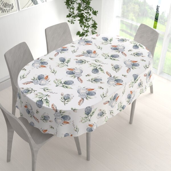 Biante Bavlnený oválny obrus Sandra SA-707 Modré kvety Protea na bielom 50x100 cm