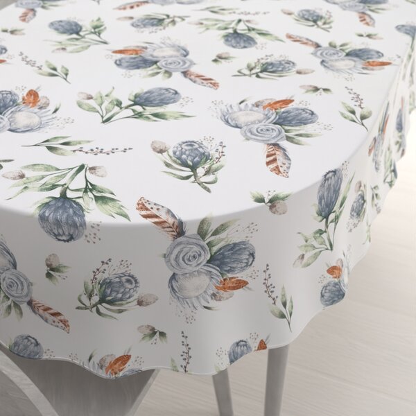 Biante Bavlnený oválny obrus Sandra SA-707 Modré kvety Protea na bielom 50x100 cm