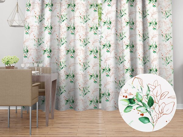 Biante Bavlnený záves Sandra SA-706 Zeleno-hnedé vetvičky s lístkami na bielom 150x140 cm
