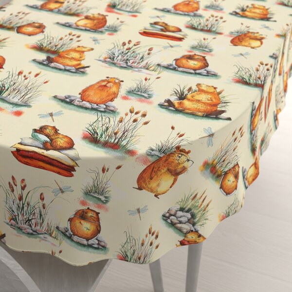 Biante Detský bavlnený oválny obrus Sandra SA-710 Kapybary na krémovom 50x100 cm