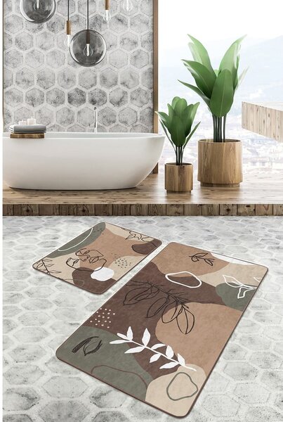 Hnedé zamatové kúpeľňové predložky v súprave 2 ks 60x100 cm Abstract Faces – Mila Home