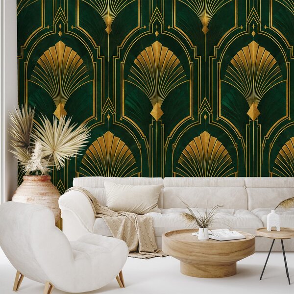 Fototapeta zlaté art deco vejáriky na zelenej