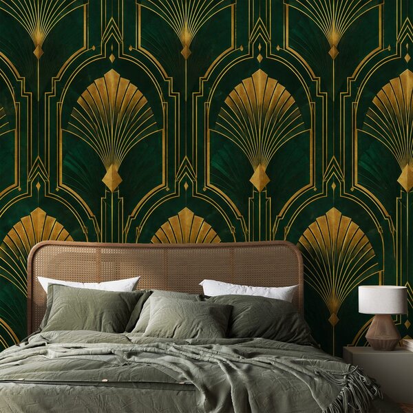 Fototapeta zlaté art deco vejáriky na zelenej