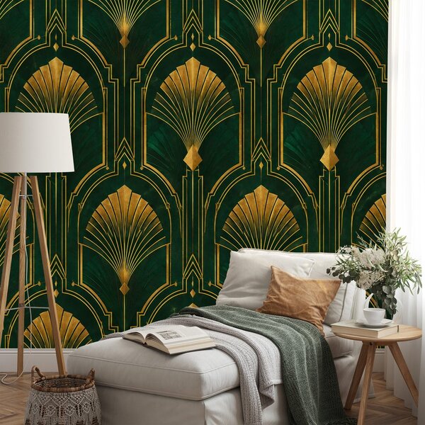 Fototapeta zlaté art deco vejáriky na zelenej