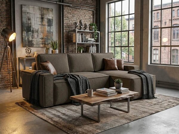 Rozkladacia obojstranná sedacia súprava do L SMART BOUCLE 232x143 cm, sivo-hnedá