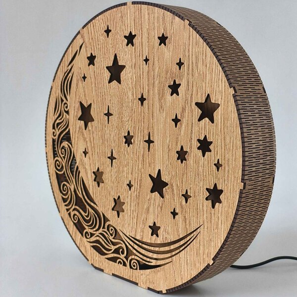 Drevená stolová lampa Mesiac a hviezdy | AURA: HDF - Orech 20 cm 4794-115288 LED0612