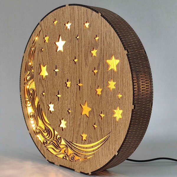 Drevená stolová lampa Mesiac a hviezdy | AURA: HDF - Orech 20 cm 4794-115288 LED0612