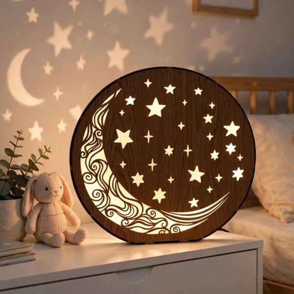 Drevená stolová lampa Mesiac a hviezdy | AURA: HDF - Orech 20 cm 4794-115288 LED0612