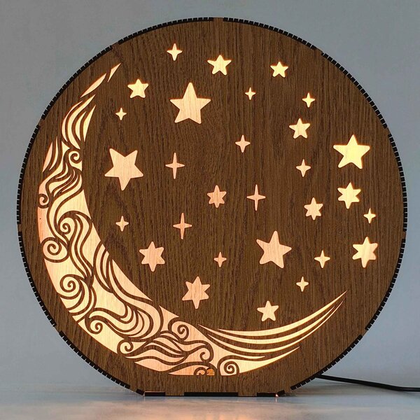 Drevená stolová lampa Mesiac a hviezdy | AURA: HDF - Orech 20 cm 4794-115288 LED0612
