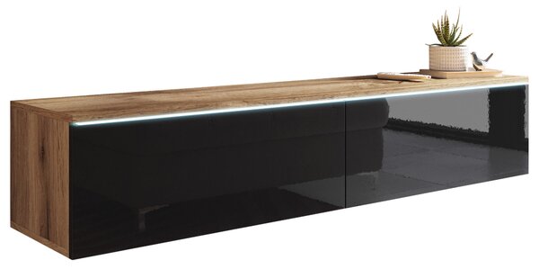 Nízka komoda s LED, dub wotan, čierna s vysokým leskom, 140/30/33 cm P & B - Online Only drobný nábytok, Online Only