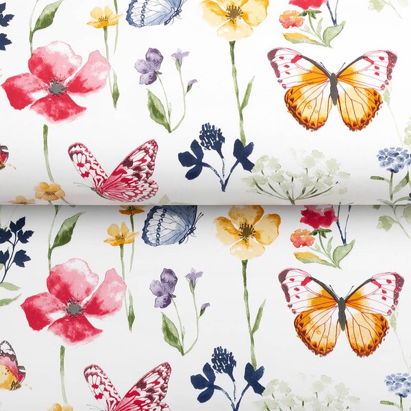 PVC obrus Jarné kvietky s motýlikmi na bielom PV-097 - metráž š. 140 cm
