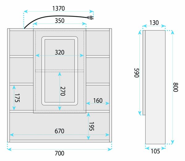 Rea Luna, zrkadlová skrinka s LED osvetlením 70×80 cm, plast, REA-M0405