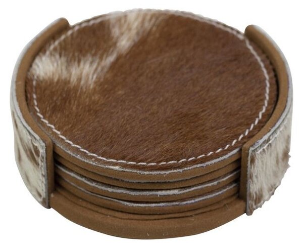 4ks hnedo bielych okrúhlych podtáciek v stojane z hovädzej kože - 11 * 11 * 3cm / 10 * 10 * 0,5cm - Mars & More